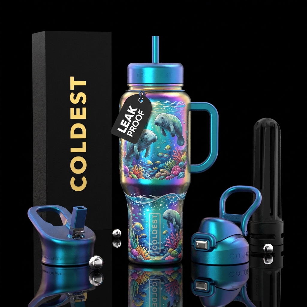 Ocean, manatees, water, iridescent water bottle design