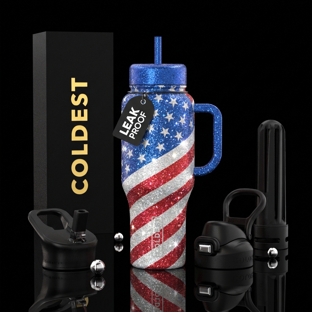 Red white and blue Stars and Stripes sparkly, water bottle design