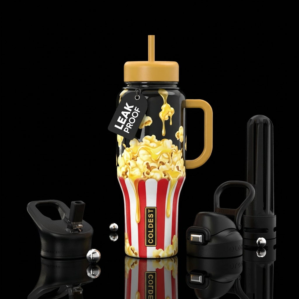 Popcorn container with Popcorn spilling out and bu... water bottle design