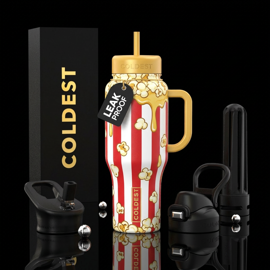 Popcorn container with Popcorn spilling out and bu... water bottle design