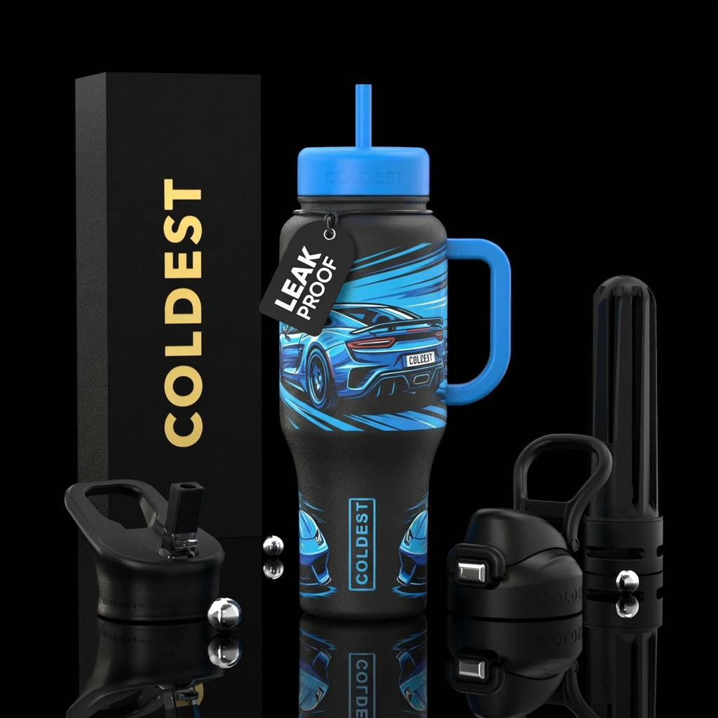 Fancy car with coldest on the license plate, blue ... water bottle design