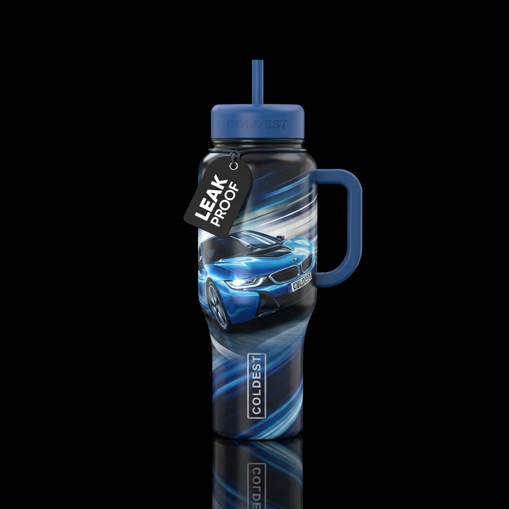 Fancy car with coldest on the license plate, blue ... water bottle design