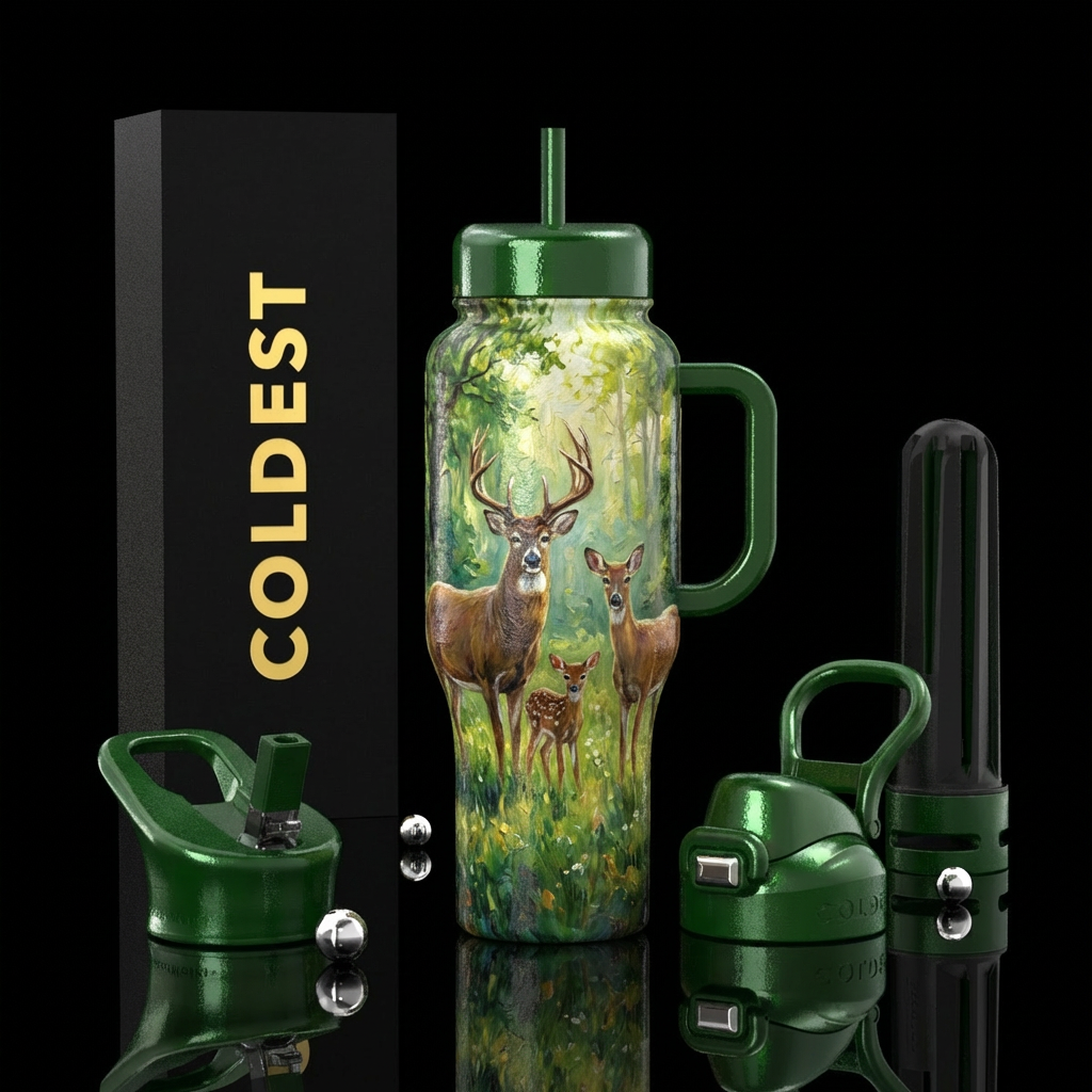 A buck doe and baby deer in a forest meadow with S... water bottle design