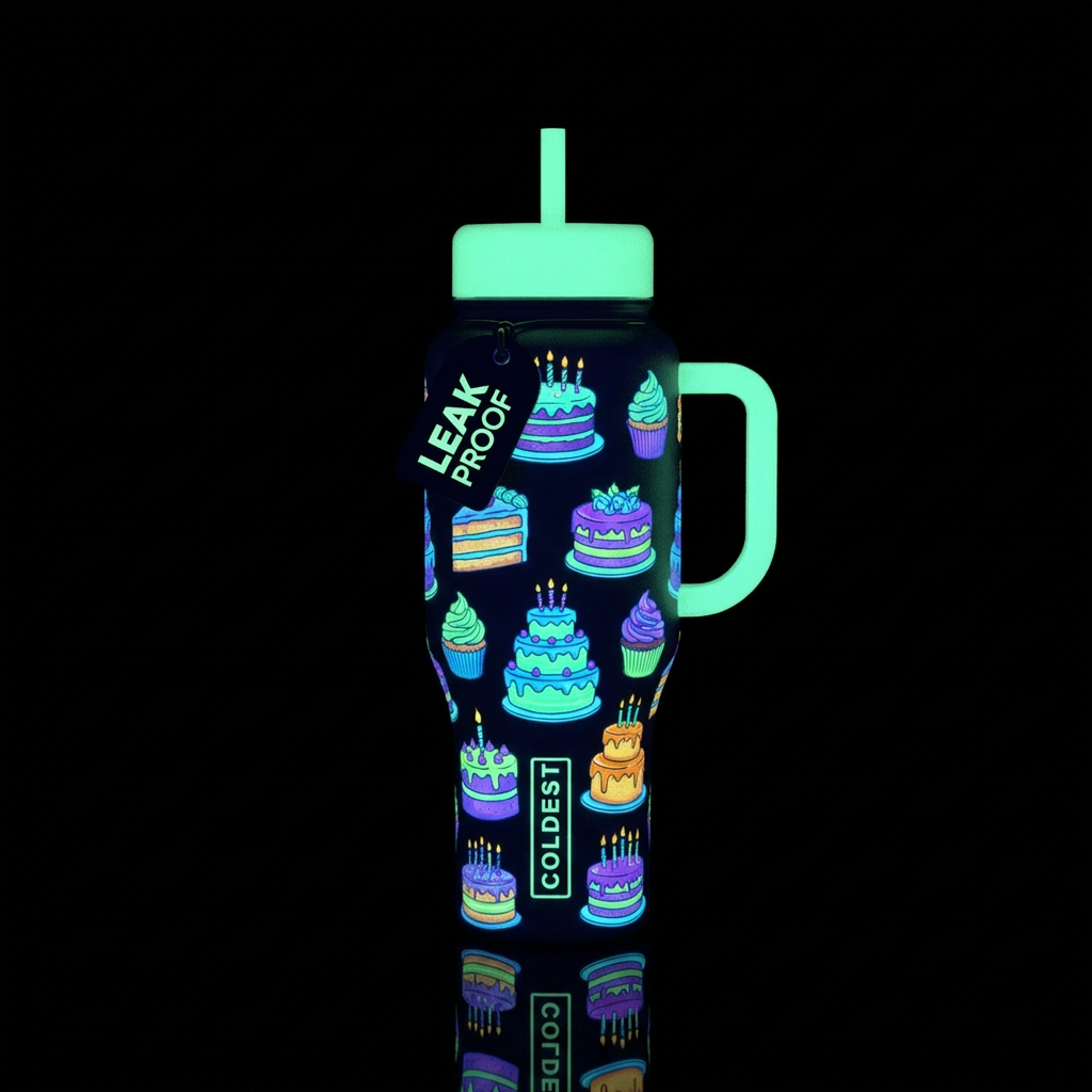Glow in the dark cakes water bottle design