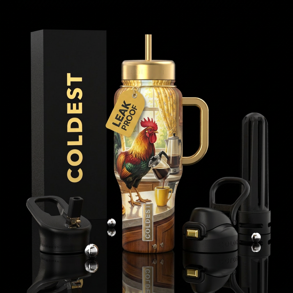 Rooster pouring coffee into a yellow mug in a kitc... water bottle design