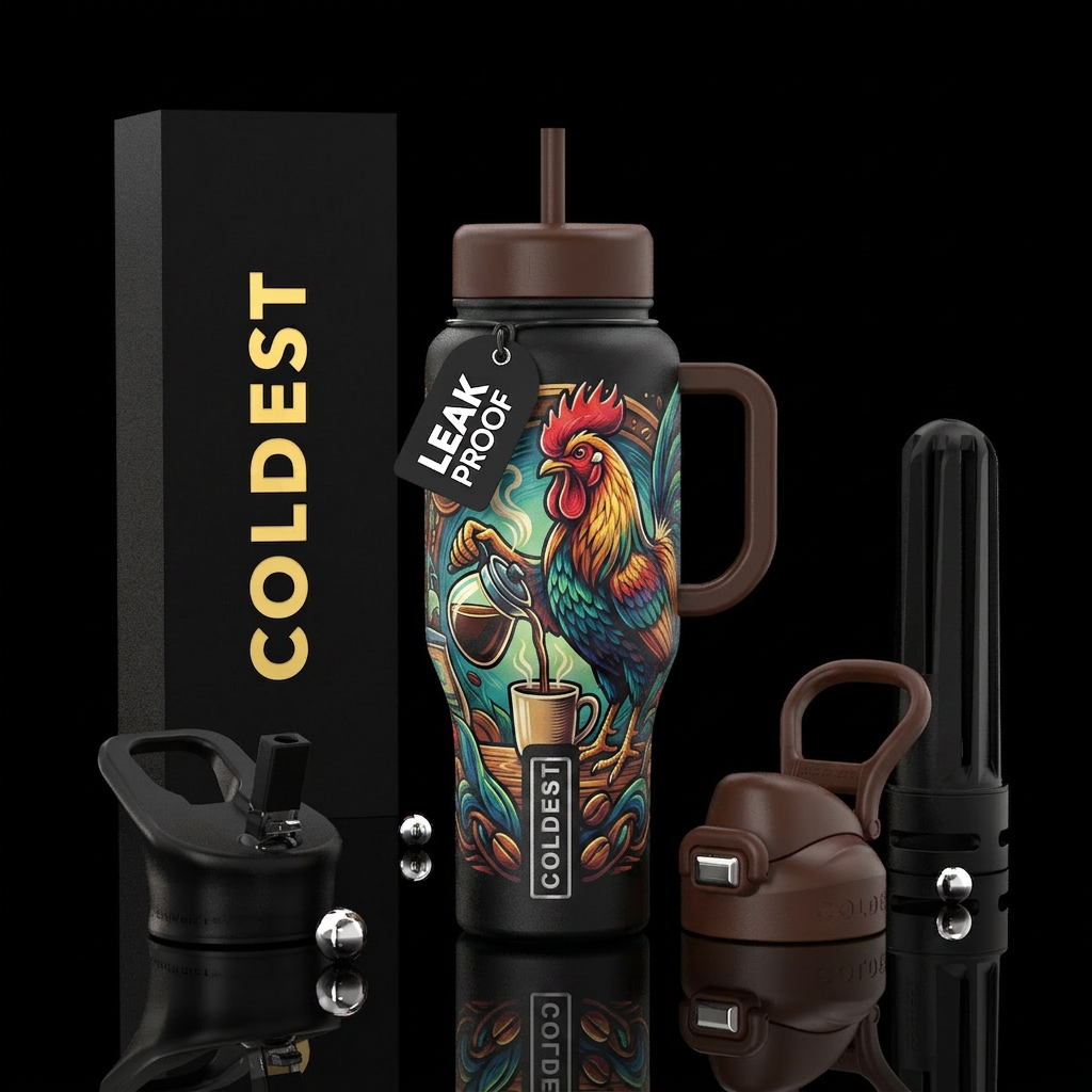 Rooster pouring coffee water bottle design