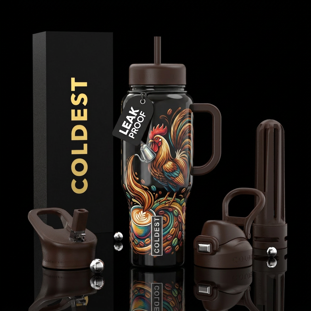 Rooster pouring coffee water bottle design