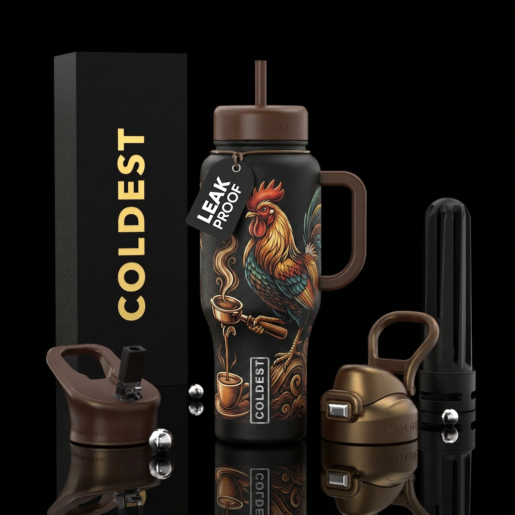 Rooster pouring coffee water bottle design
