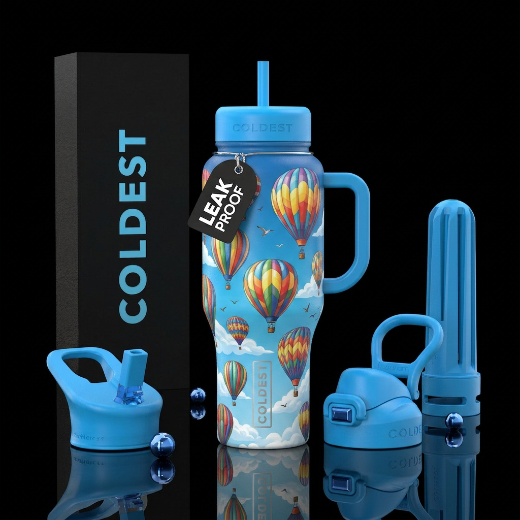 Various Colorful hot air balloons in a blue sky wi... water bottle design