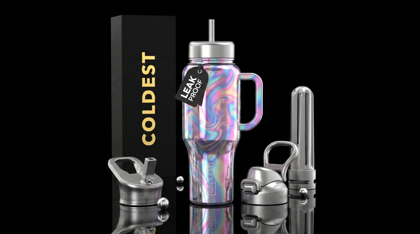 Smoke and mirrors, silver handle and lid, holograp... water bottle design