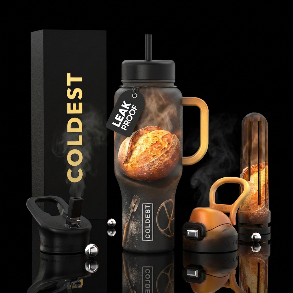 Loaf of artisan sourdough bread, steaming surround... water bottle design