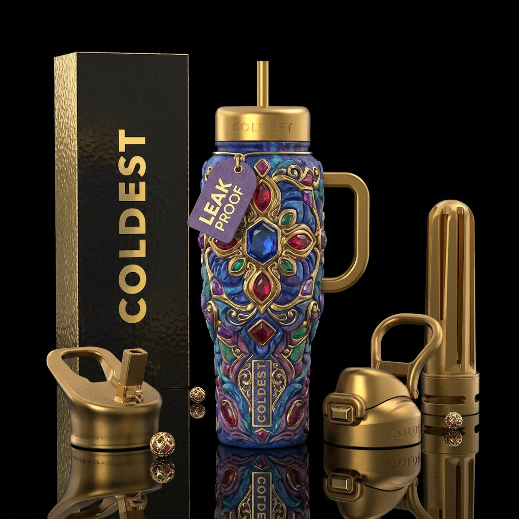 sculpted,, beautiul, vibrant, ancient, whimsical, ... water bottle design