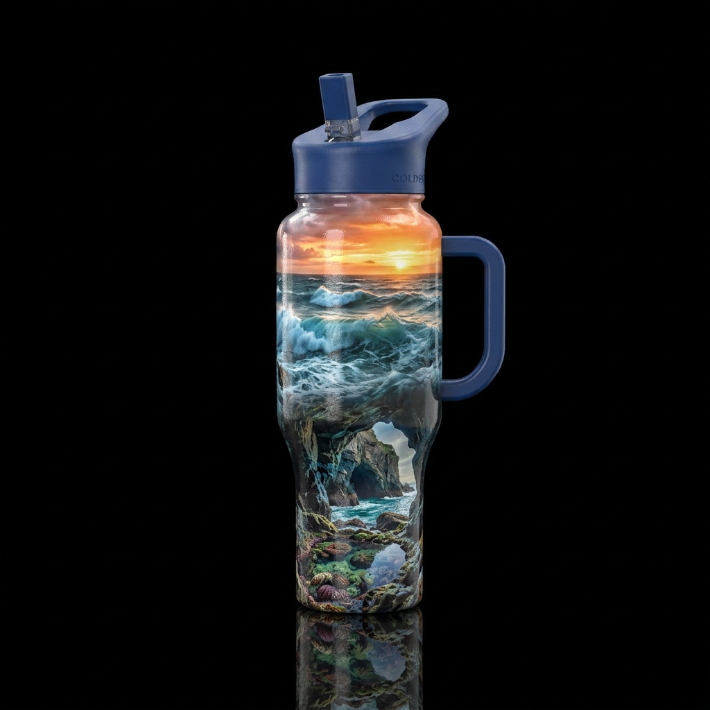 cave, stormy seas, tide pools, enchanted, sunset water bottle design