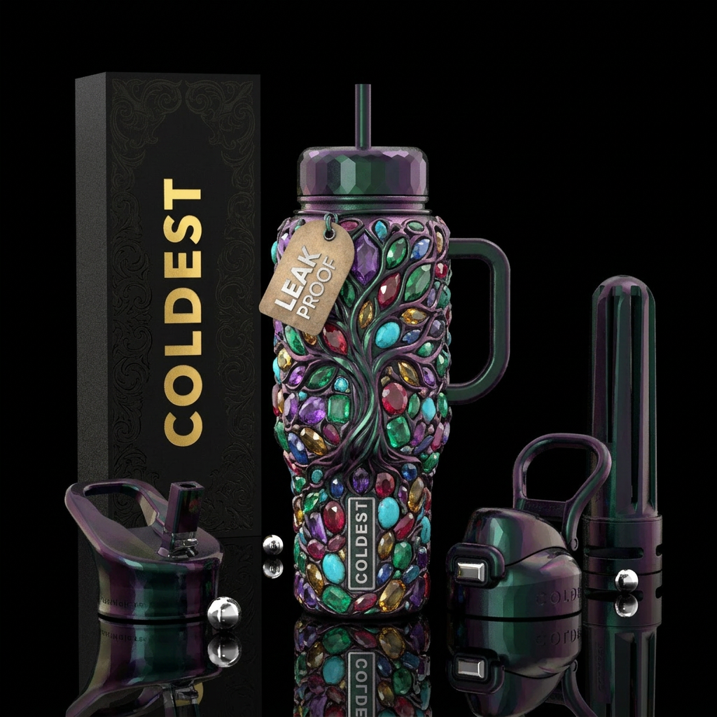 sculpted,, beautiul, vibrant, ancient, whimsical, ... water bottle design