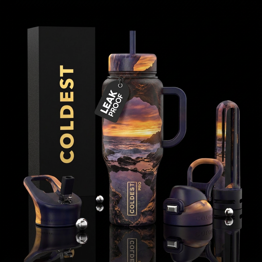 cave, stormy seas, tide pools, enchanted, sunset water bottle design
