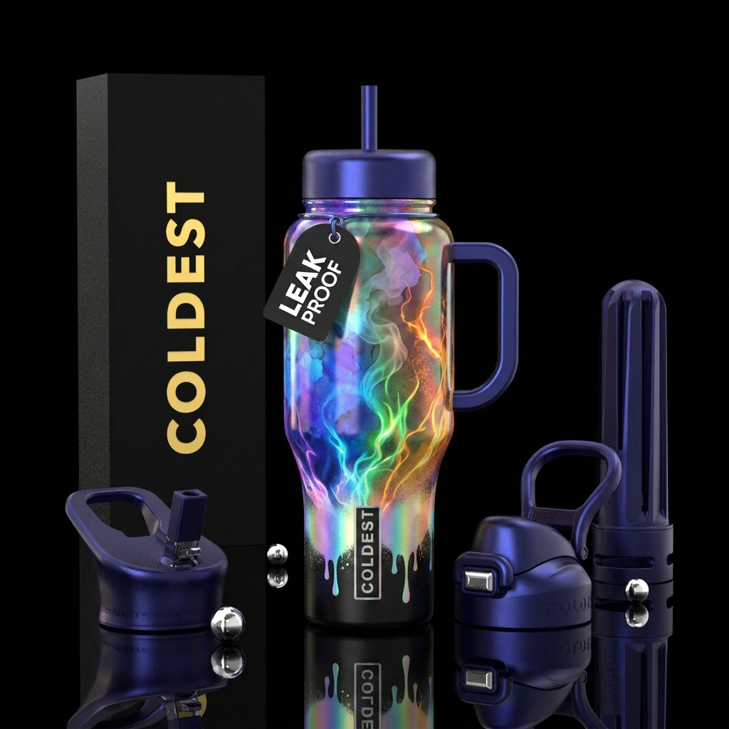 irridescent, watercolor, spray painted, cartoon, s... water bottle design