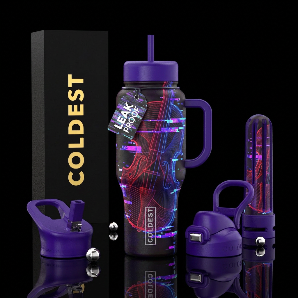 laser, violin, glitch, otherworldly water bottle design