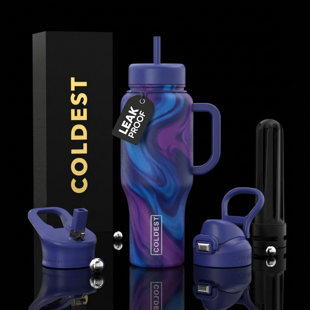 matte blues and purples swirls water bottle design