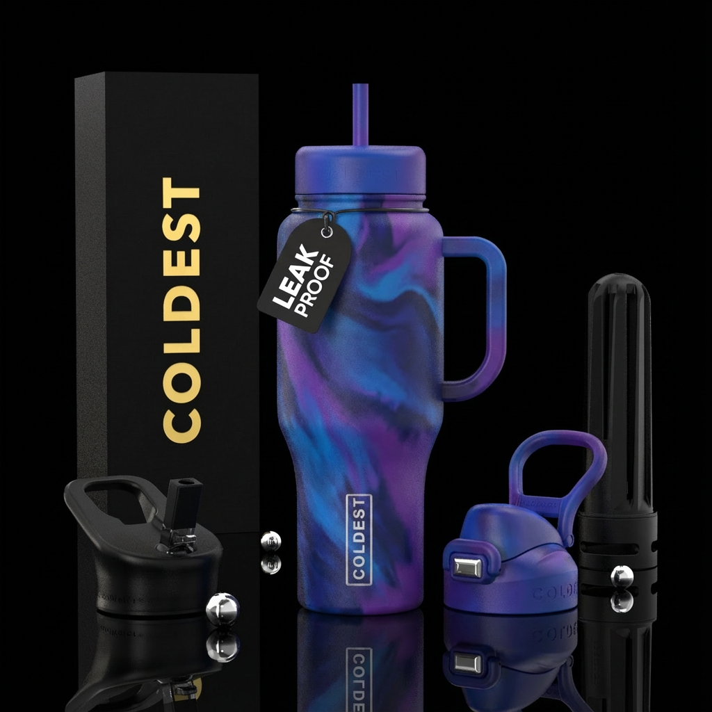 matte blues and purples swirls water bottle design