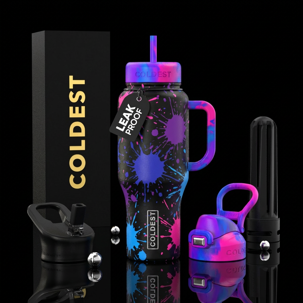 black background, purple, blue, hotpink, paint spl... water bottle design