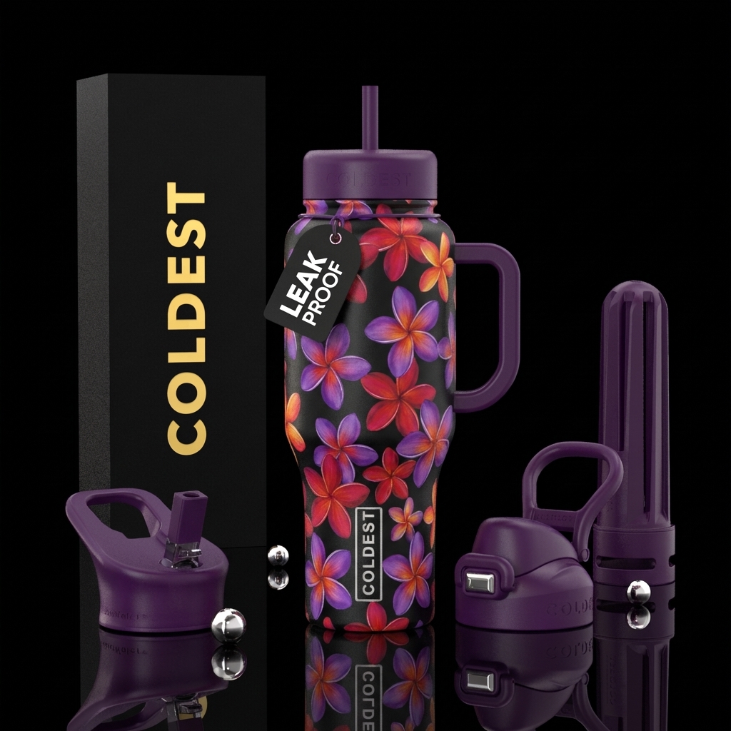 purple plumeria red plumeria orange plumeria on bl... water bottle design
