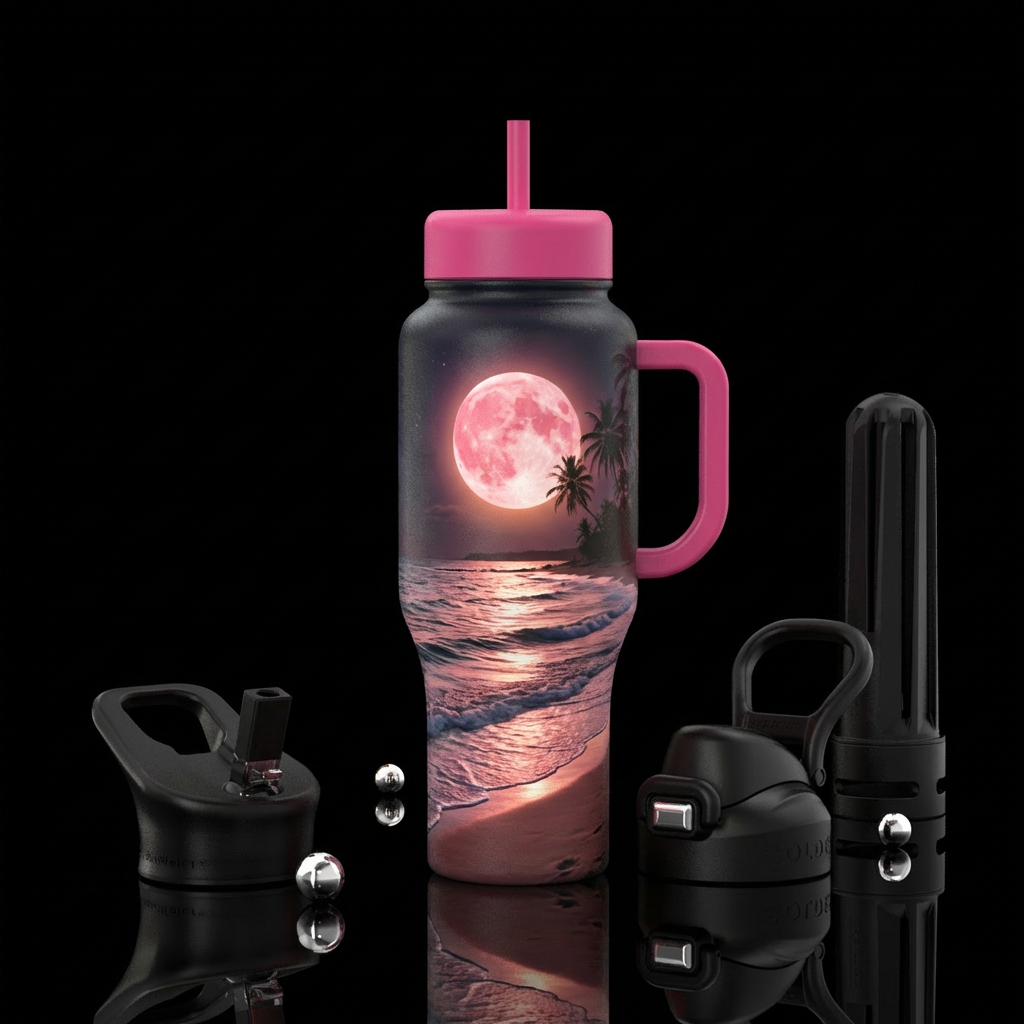 beach background with pink moon water bottle design
