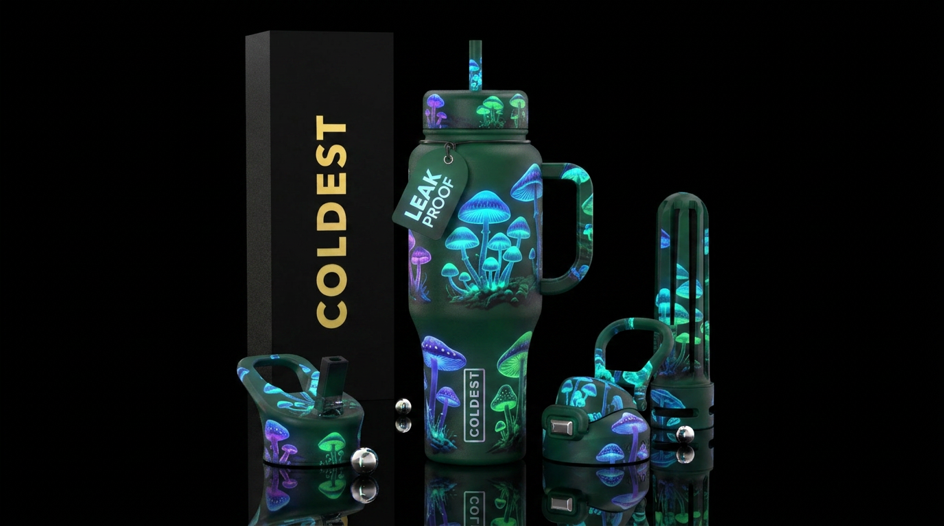 glowie mushrooms water bottle design
