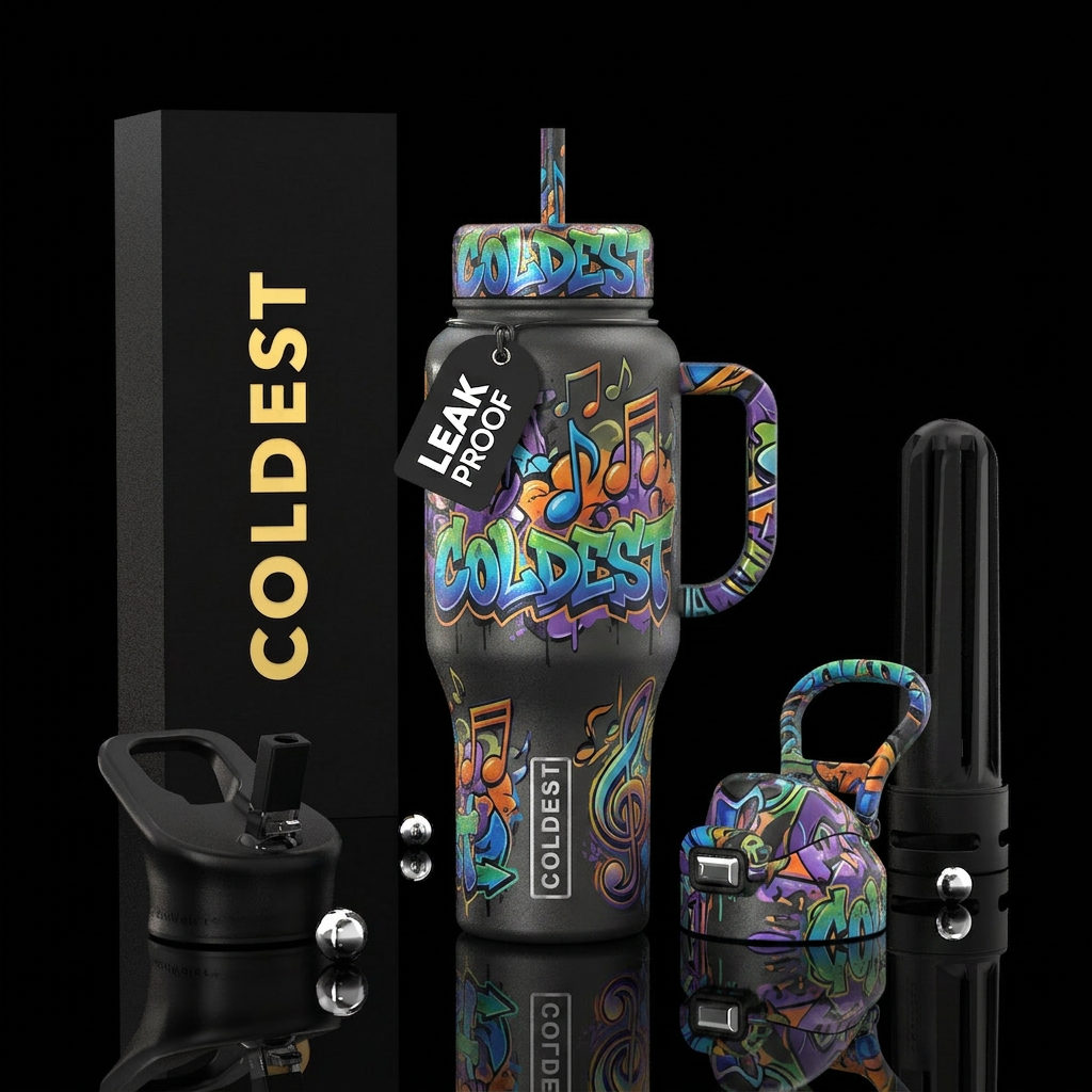 music notes, street art, graphite water bottle design