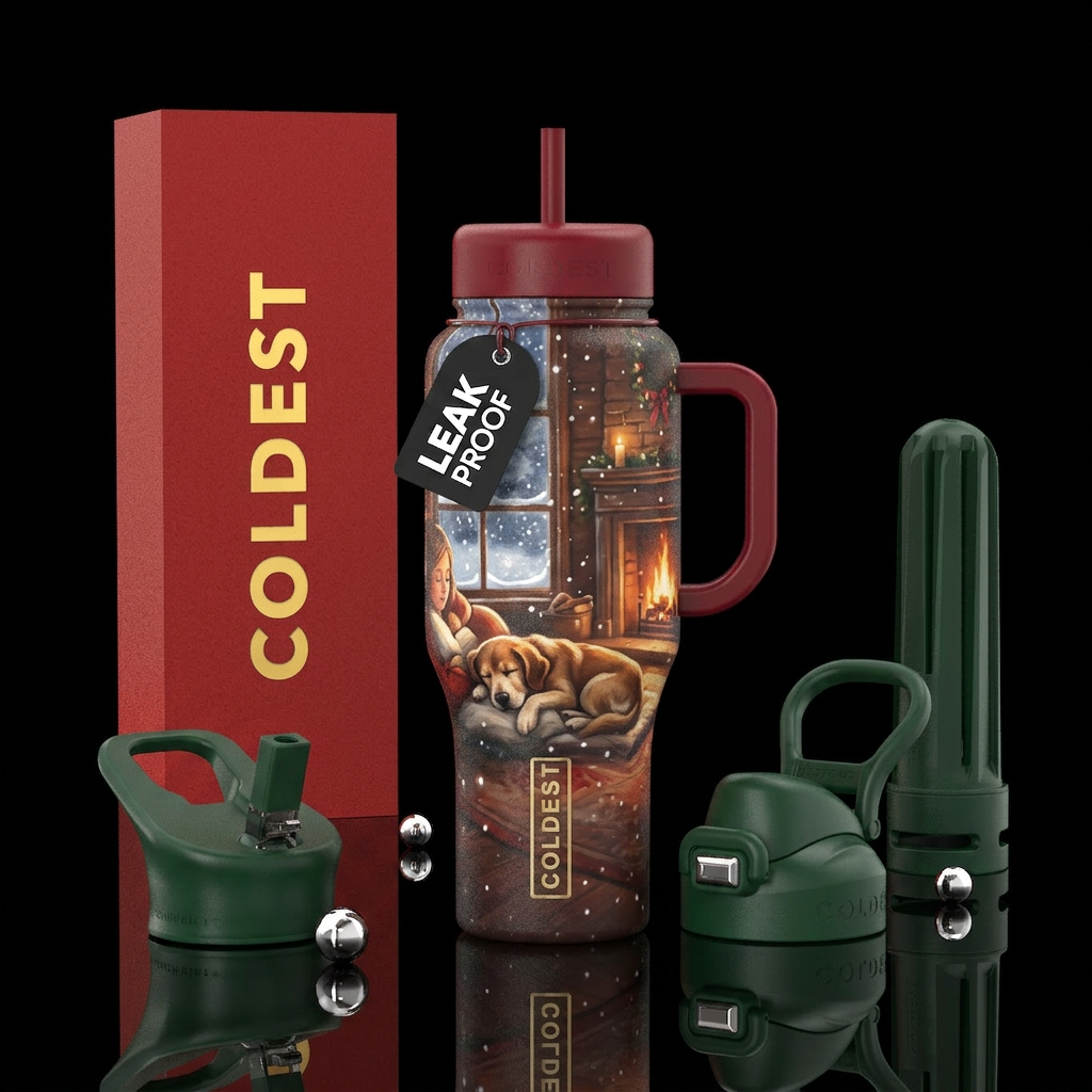 Dreaming of Santa snow outside warm fireplace  lay... water bottle design