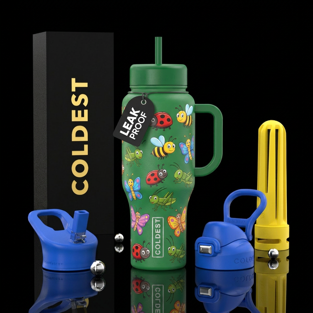 Summer cartoon bugs water bottle design