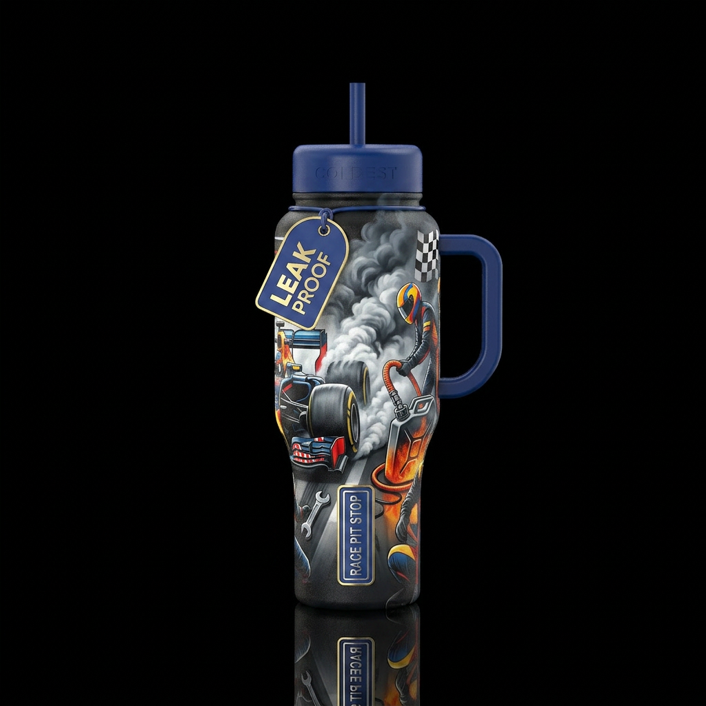 Race car pit stop tire smoke fuel can water bottle design