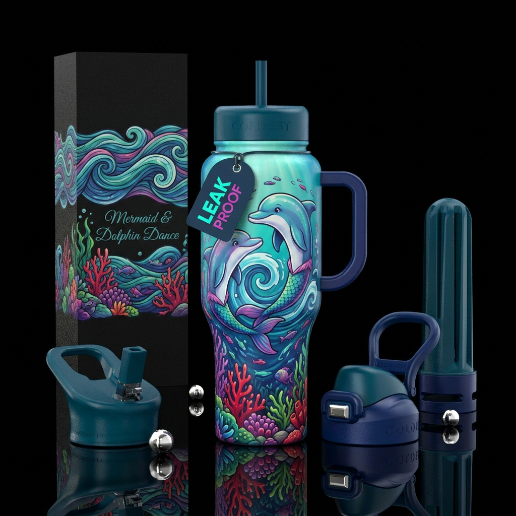 Cartoon mermaid dolphin dancing water bottle design