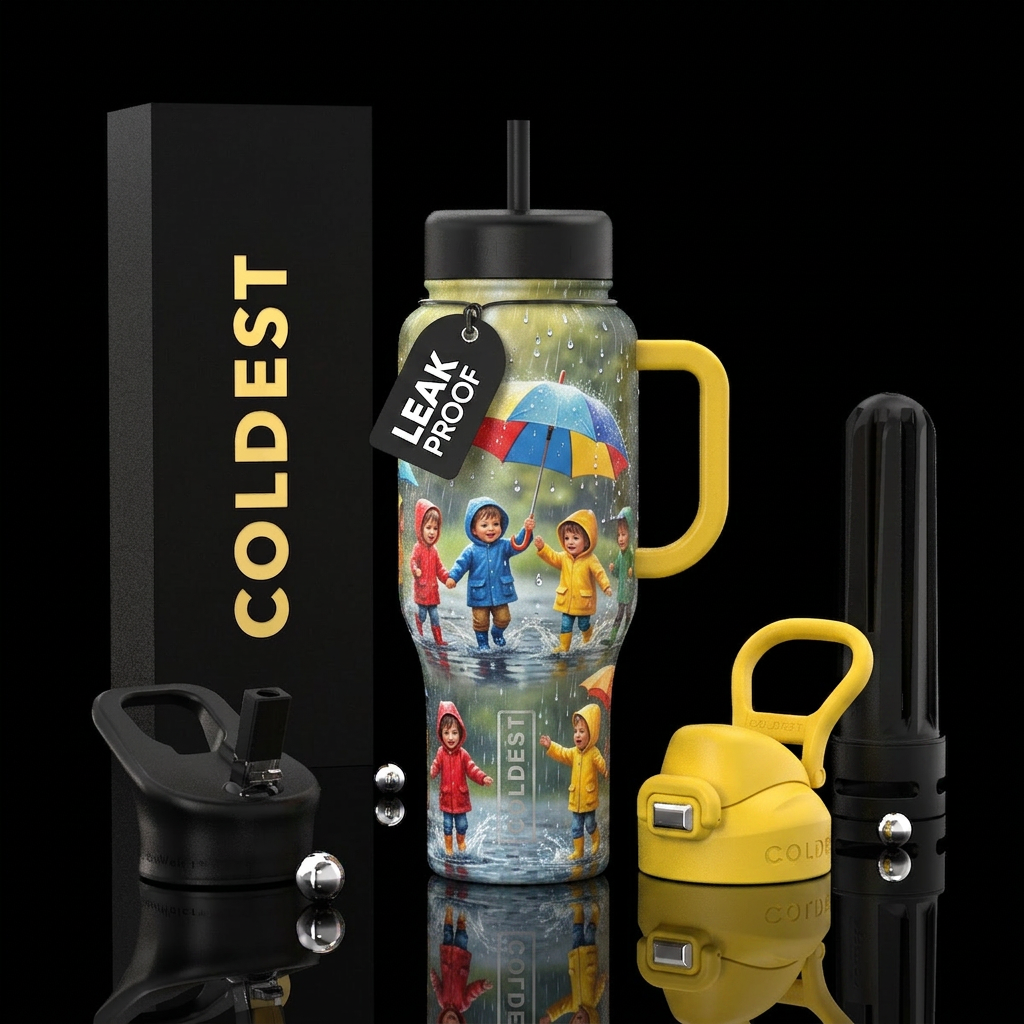 Kids playing in the rain under an umbrella water bottle design