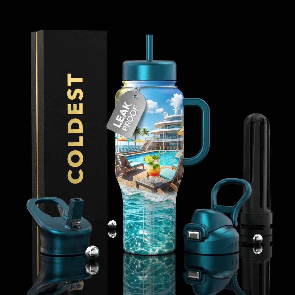 Cruise ship sea day lounging with a drink water bottle design