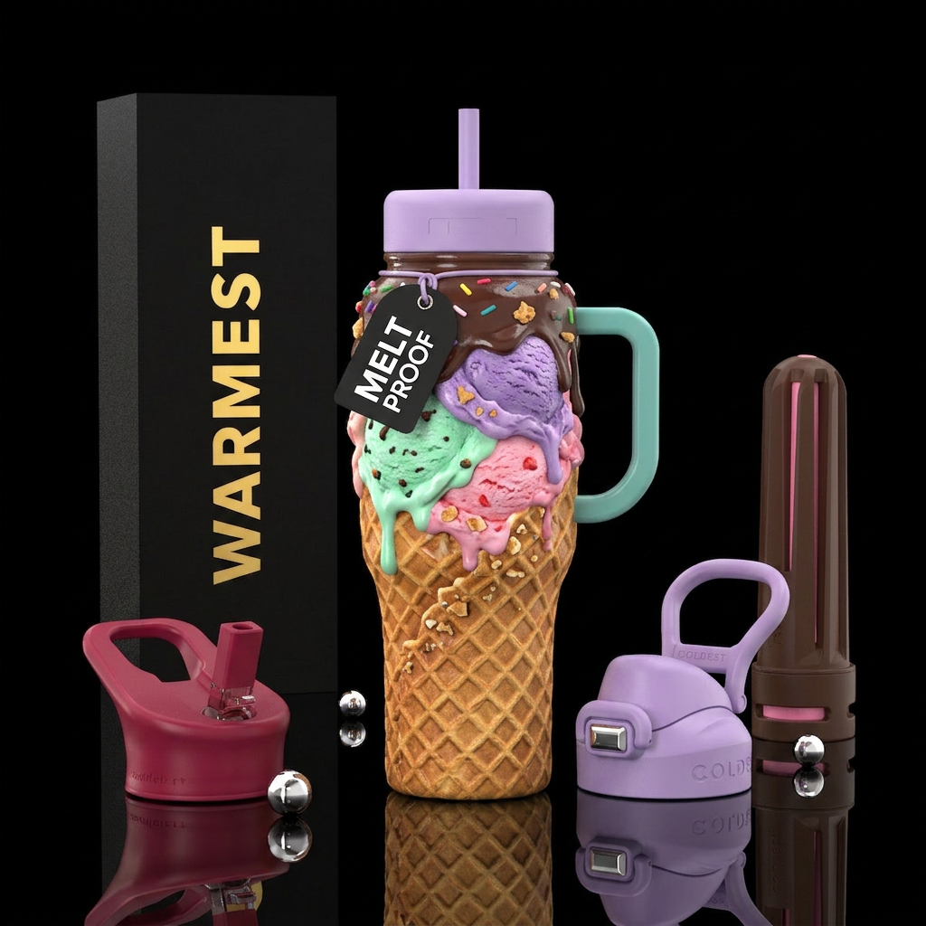 Colorful ice cream waffle cone water bottle design