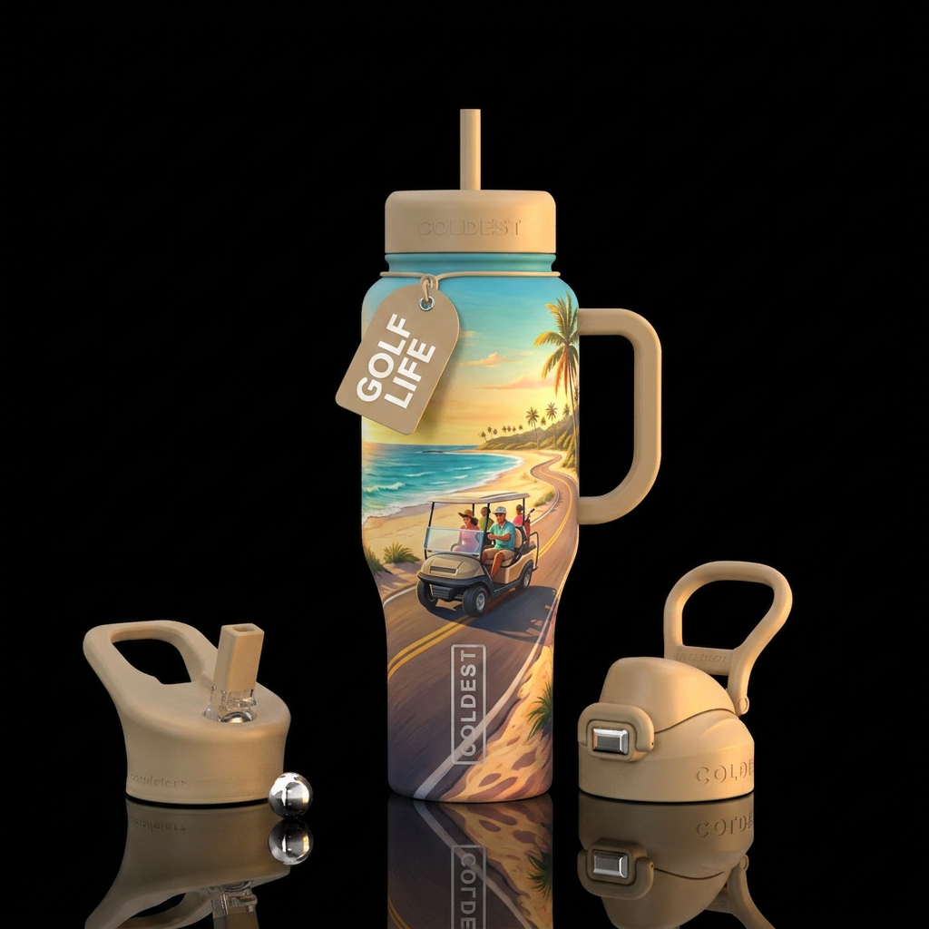Golf cart beach road water bottle design