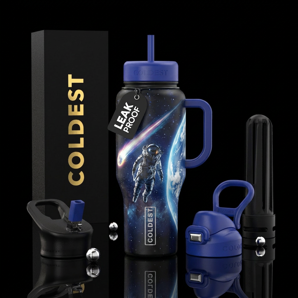 Astronaut with shooting star behind him looking at... water bottle design