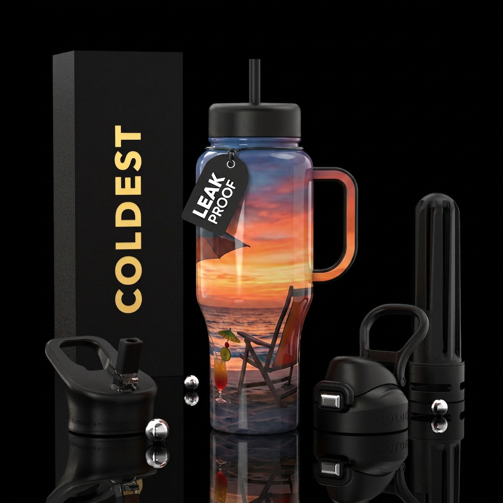 Beach chair with umbrella drink at sunset water bottle design