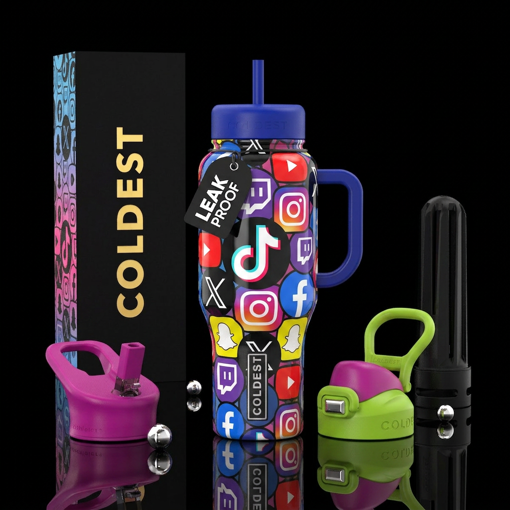 Social media junky water bottle design