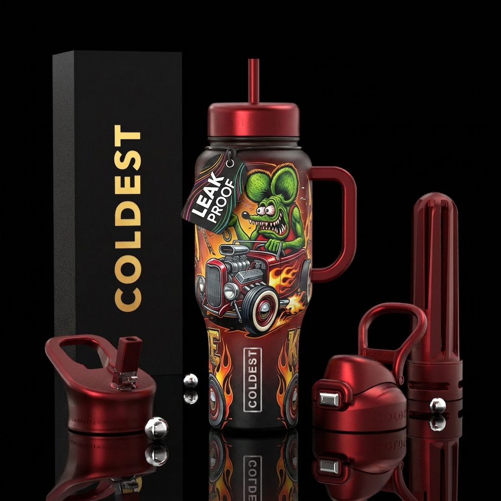 Rat fink hot rod water bottle design