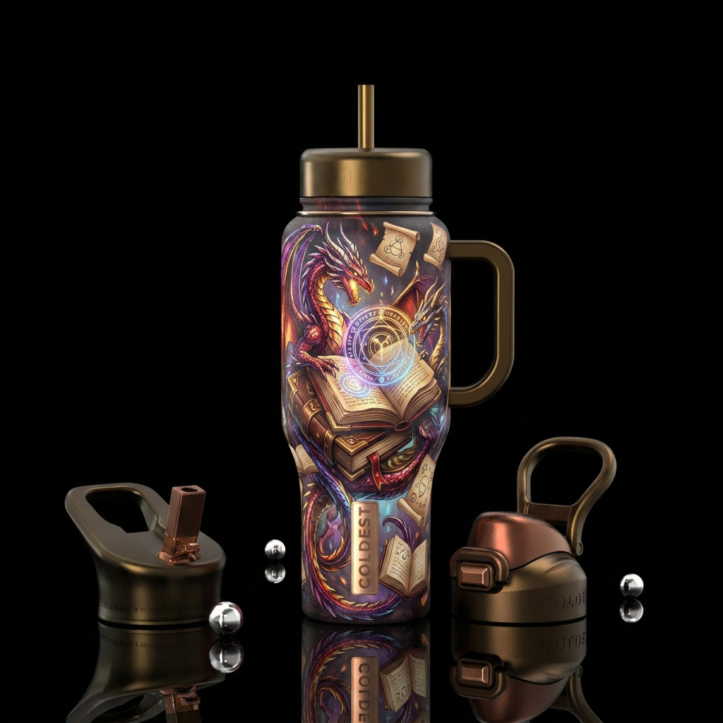 Super creative, not AI looking, dragons, books, sp... water bottle design