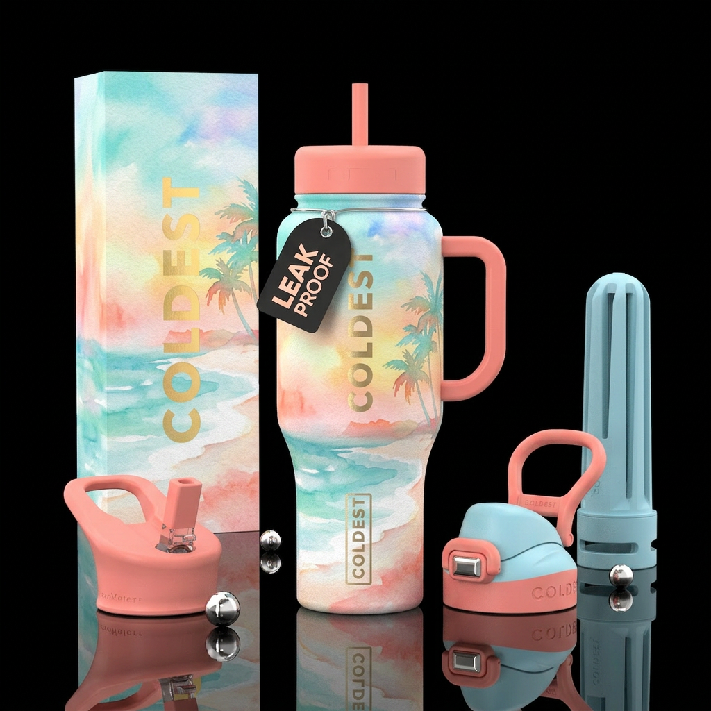 Pastel water color beach design water bottle design