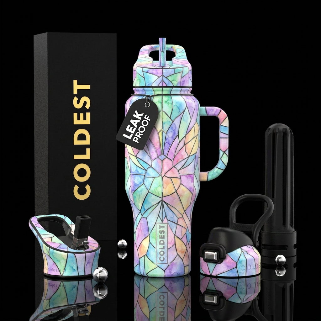 Pastel water color stain glass water bottle design