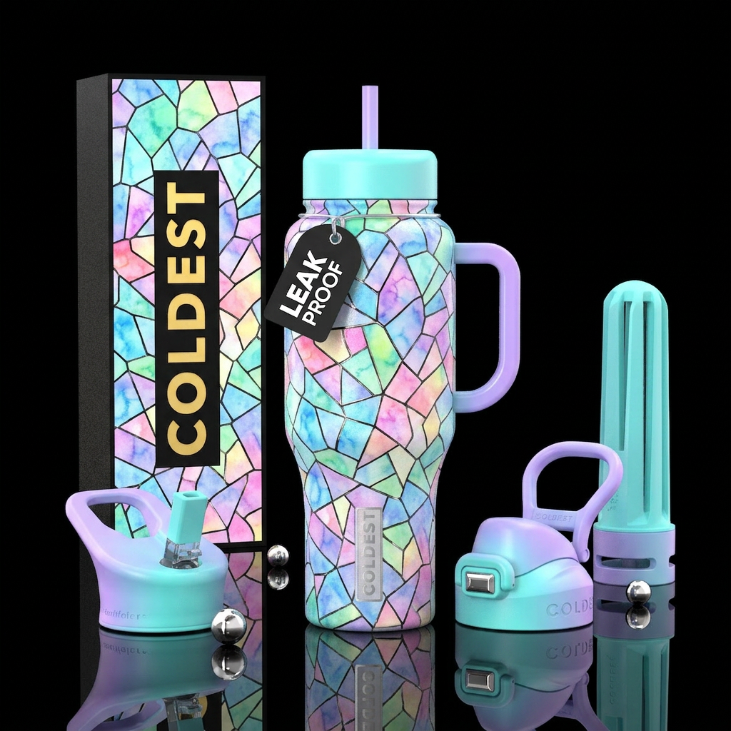 Pastel water color stain glass water bottle design