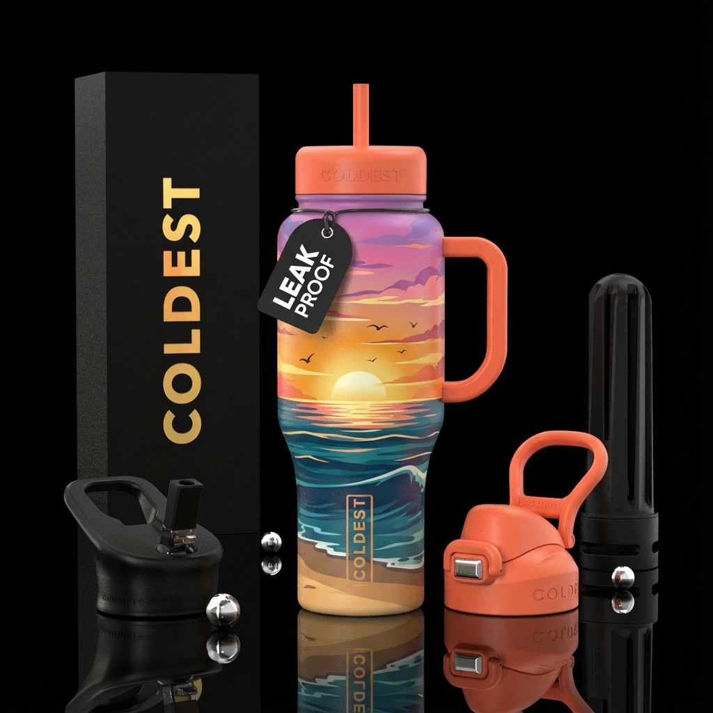 Beach sunrise birds water bottle design