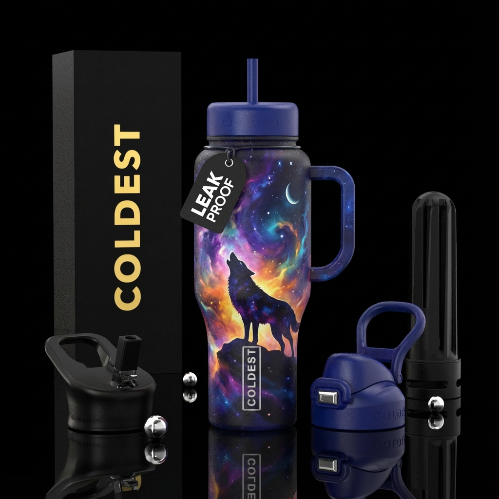 wolf night sky water bottle design