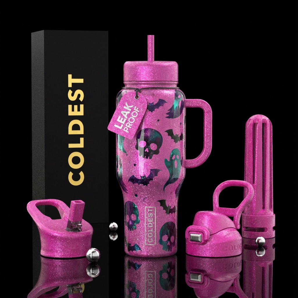 pink bottle,, sparkly, scary water bottle design