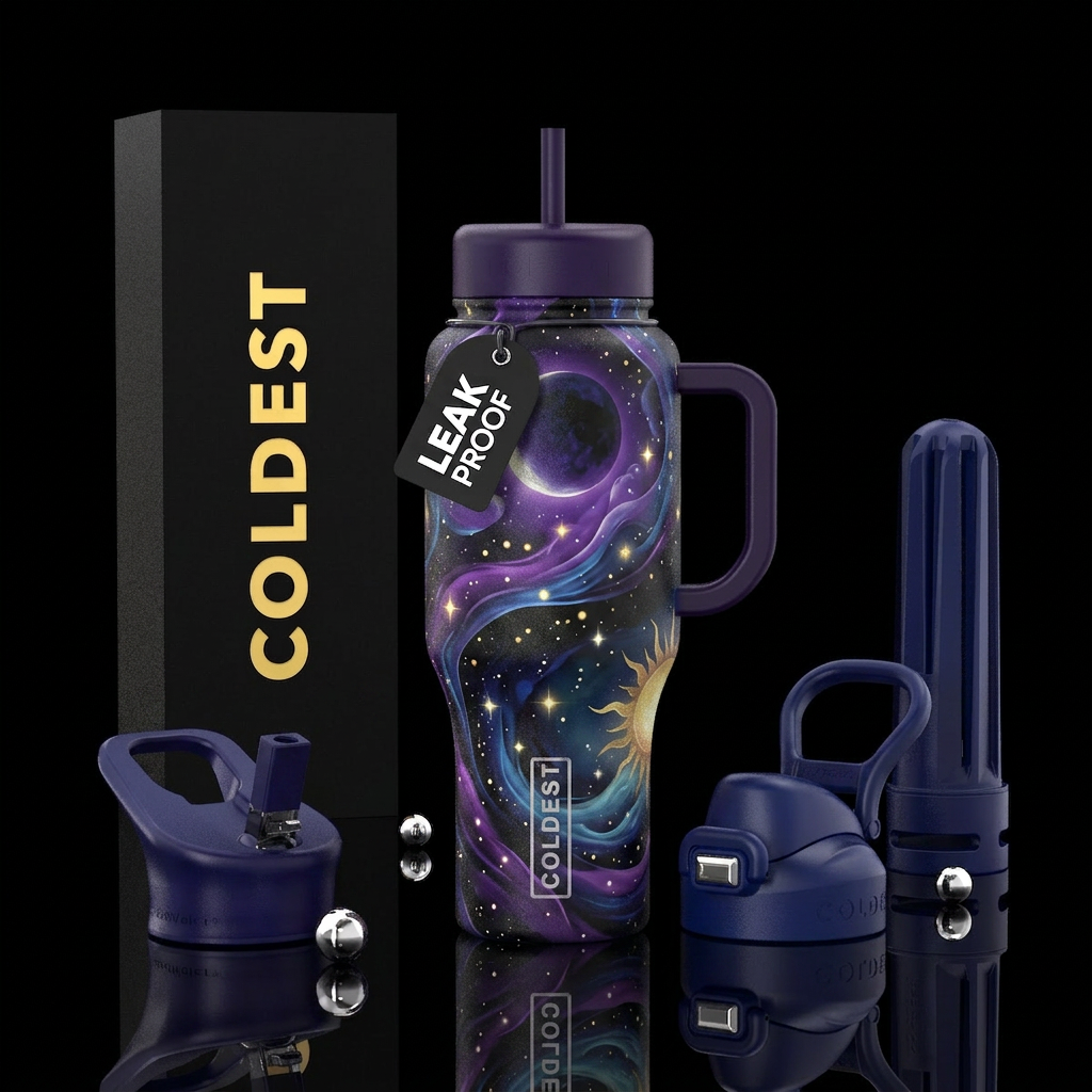 dark night moon sun purple blue black dark mood ma... water bottle design