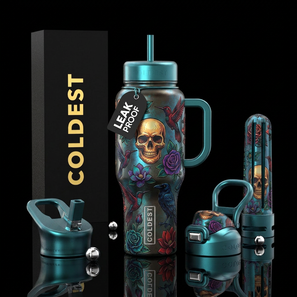 skulls birds flowers water bottle design