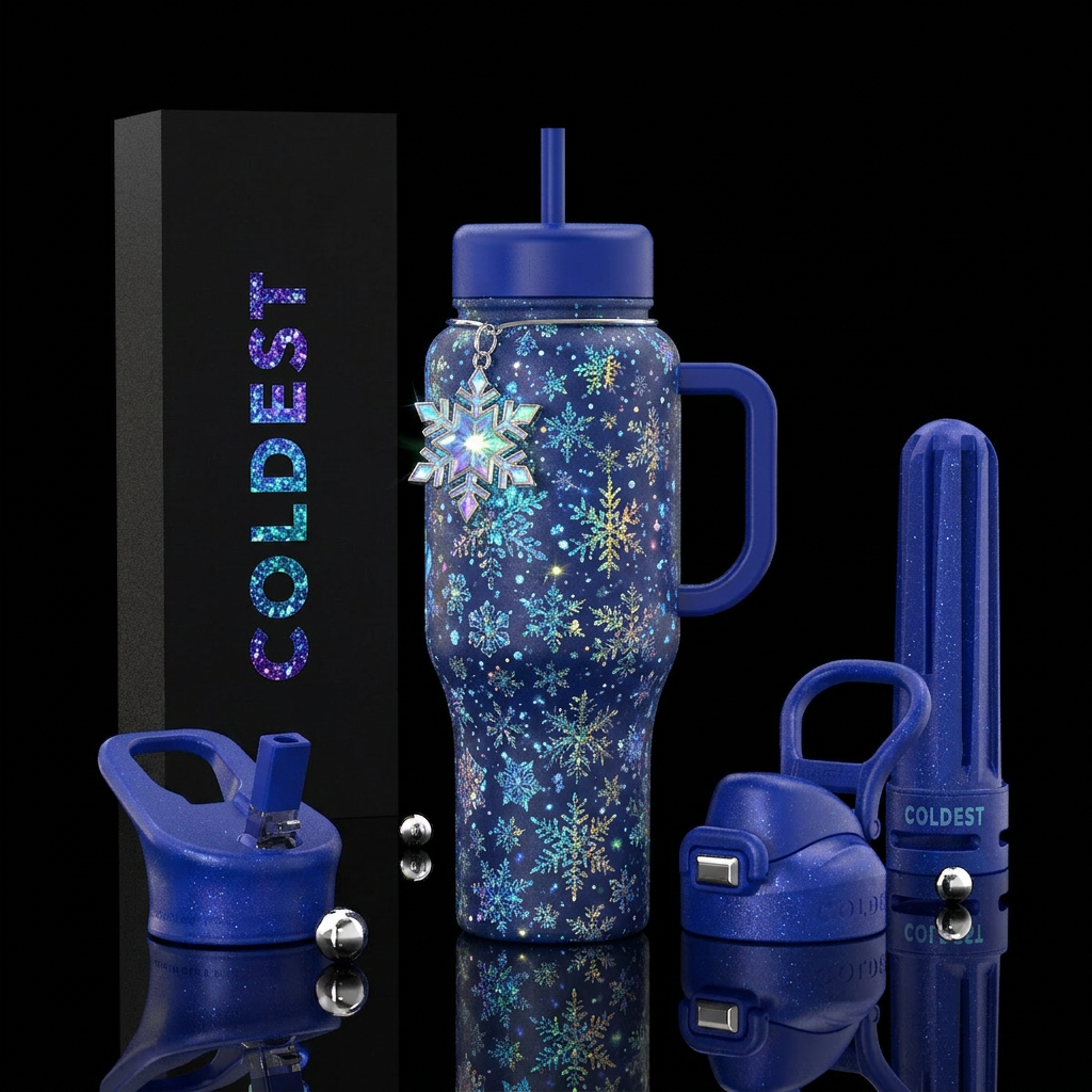 snowflakes, glowie, sparkly water bottle design